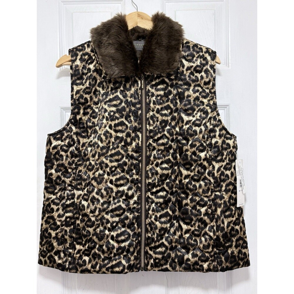 NWT Casual Identity Leopard Quilted Puffer Vest Detachable Faux Fur Collar XL